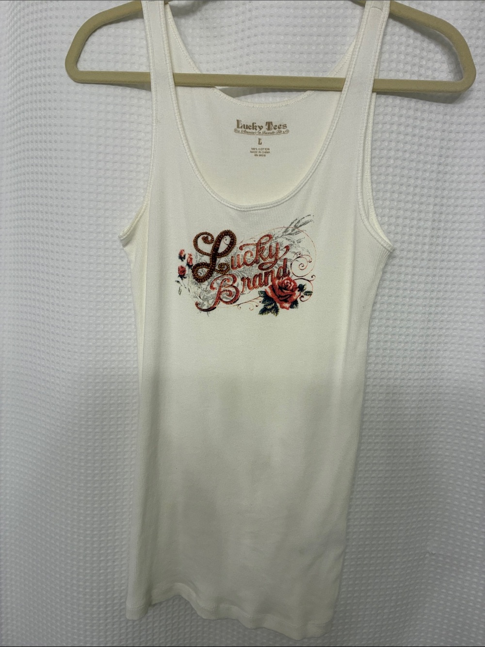 Lucky Brand Cream Tank with Rose Script Logo